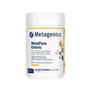 A white bottle labeled "MetaPure Enteric 120 Capsules" contains 120 enteric capsules. The label features blue and gold accents, highlights fish oil content, enteric coating, sustainability claims, and is also known as MetaPure 120 Capsules.